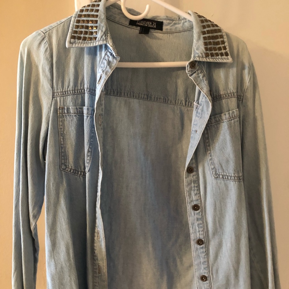 Denim studded button down.